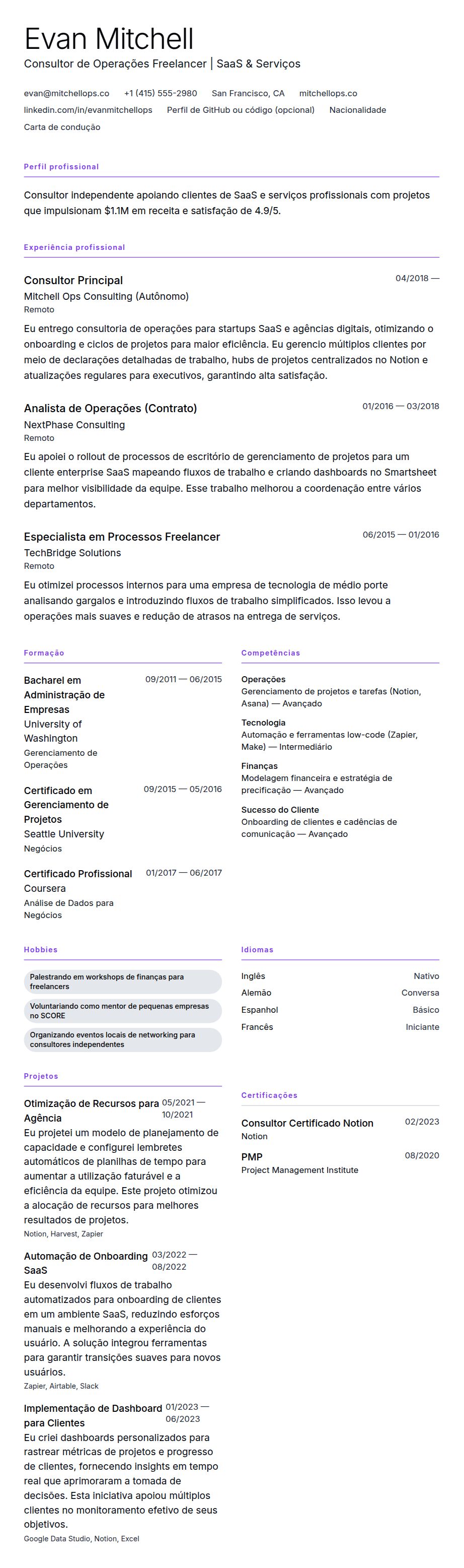 Pré-visualização do currículo Exemplo de Currículo para Freelancer