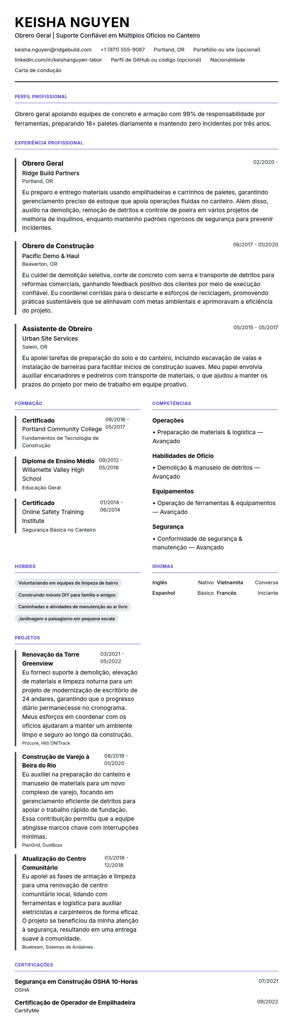 Pré-visualização do currículo Exemplo de Currículo de Obrero Geral
