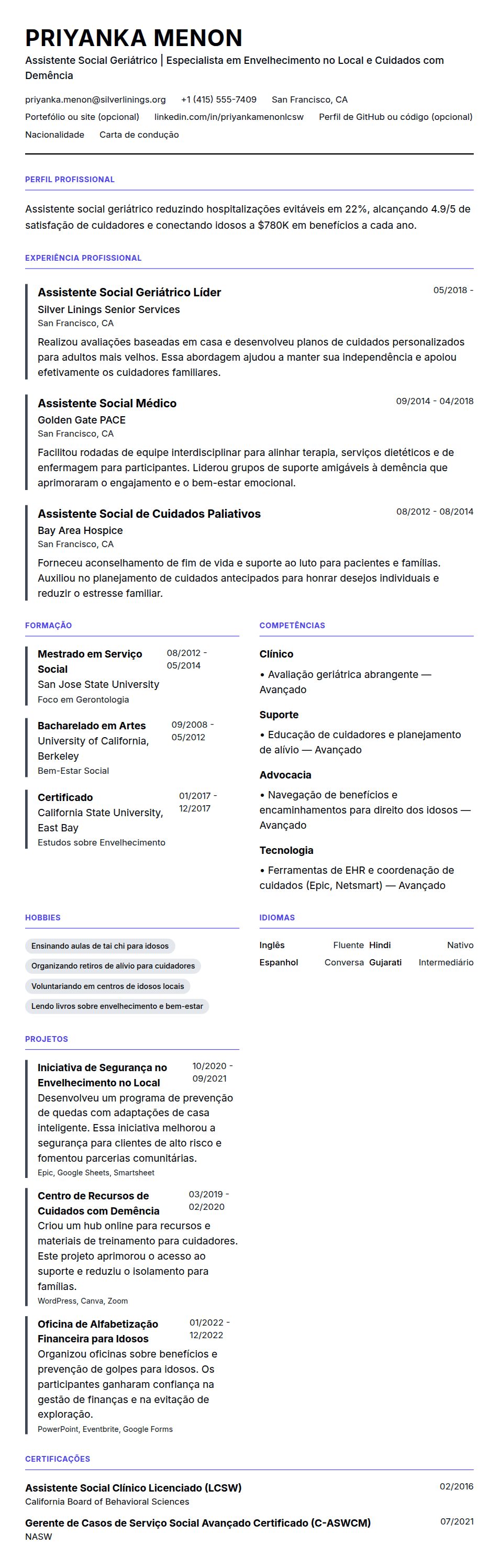 Exemplo de Currículo de Assistente Social Geriátrico