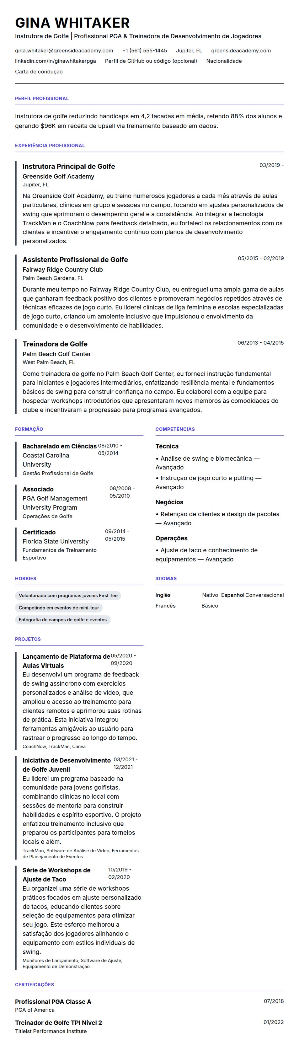 Pré-visualização do currículo Exemplo de Currículo de Instrutor de Golfe