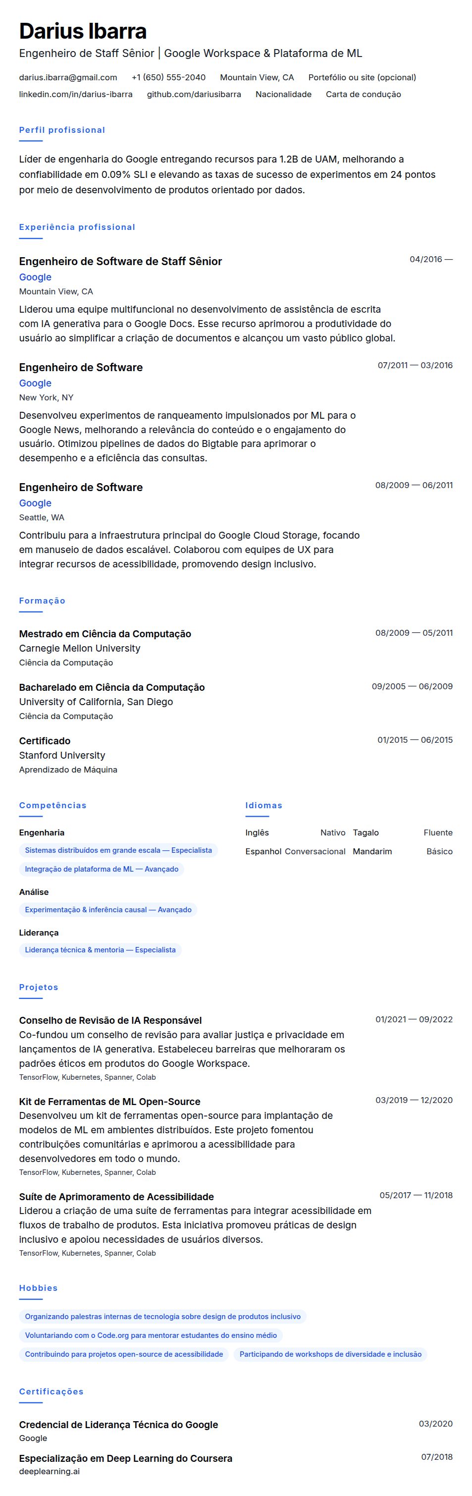 Pré-visualização do currículo Exemplo de Currículo do Google