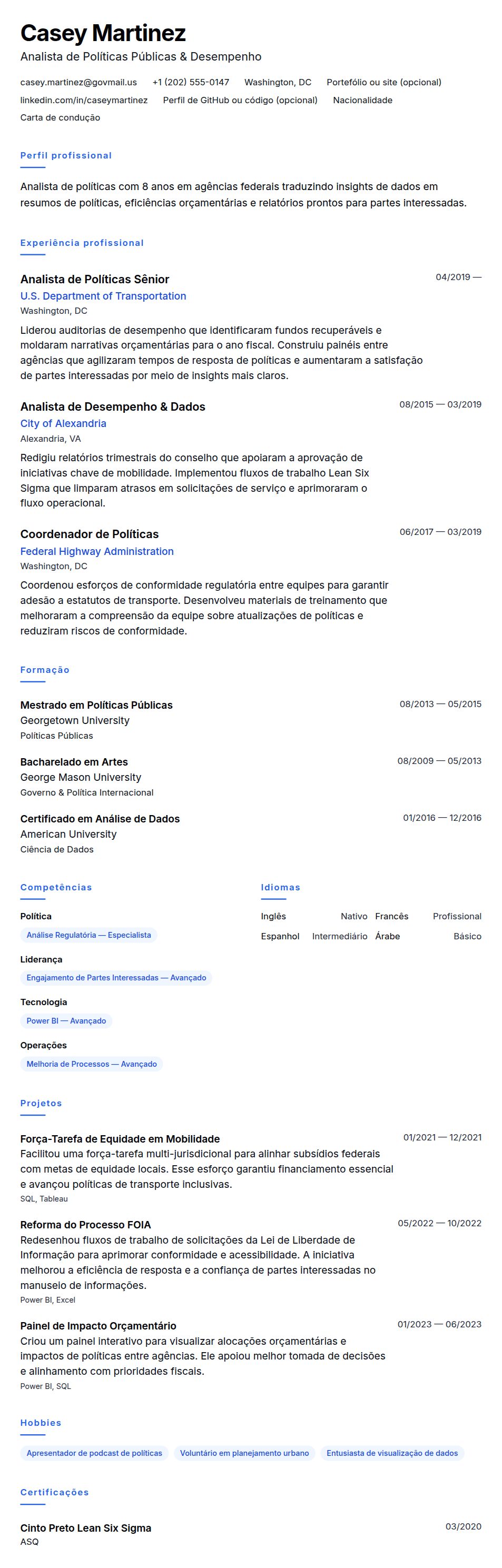 Exemplo de Currículo de Analista Governamental
