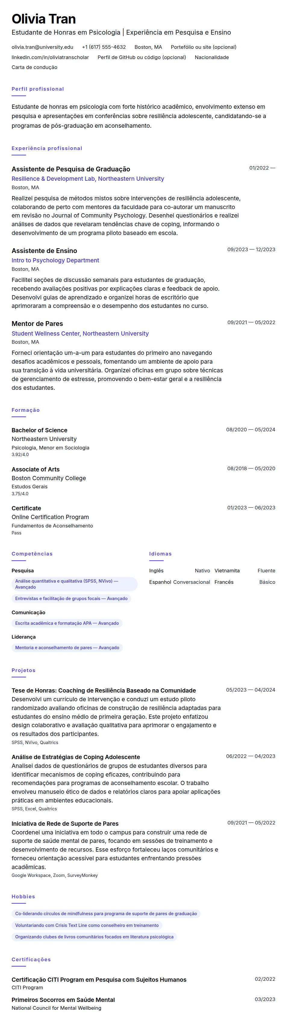 Exemplo de Currículo para Candidato a Pós-Graduação