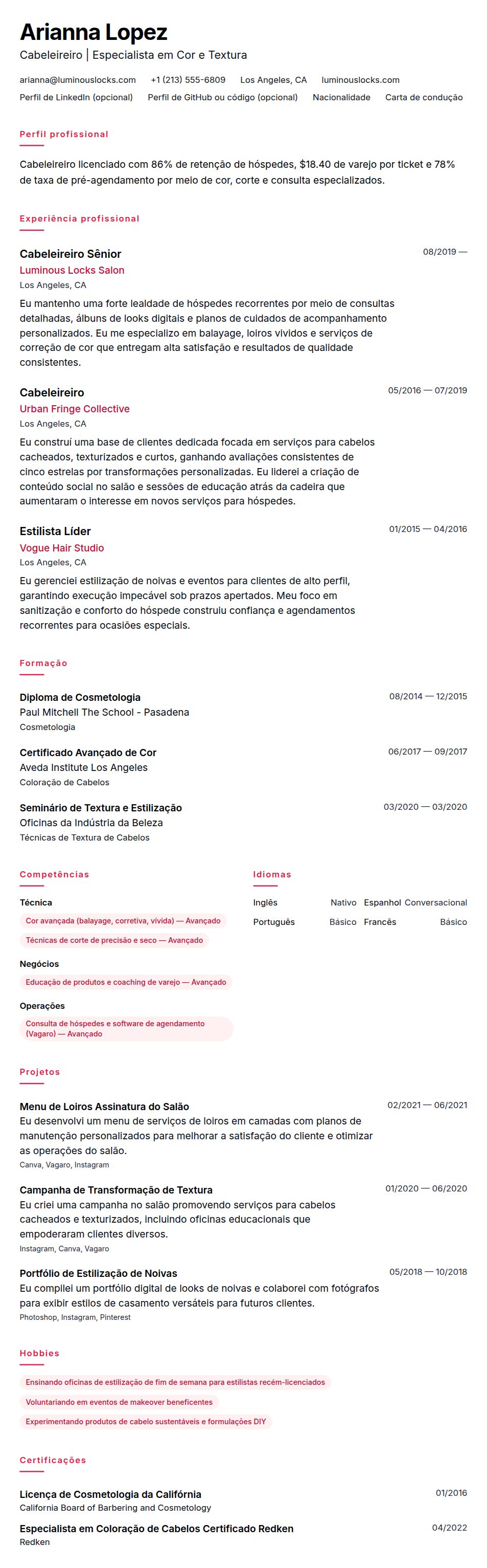 Pré-visualização do currículo Exemplo de Currículo de Cabeleireiro