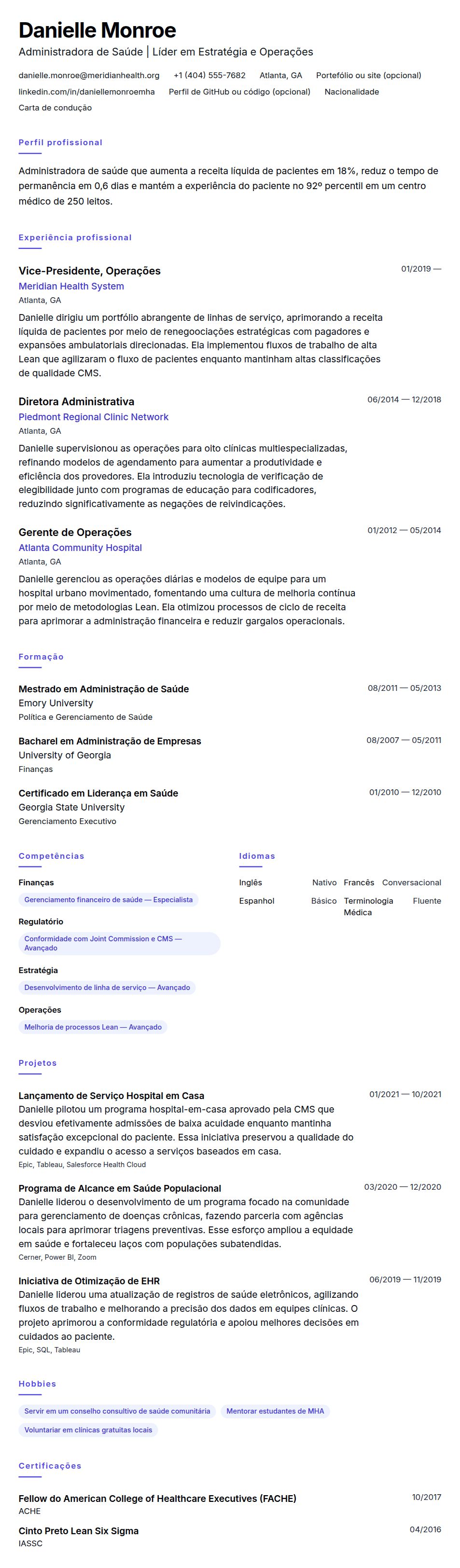Pré-visualização do currículo Exemplo de Currículo em Administração de Saúde