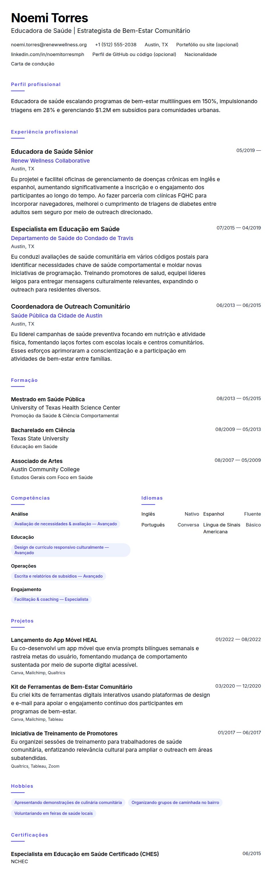 Pré-visualização do currículo Exemplo de Currículo de Educador de Saúde