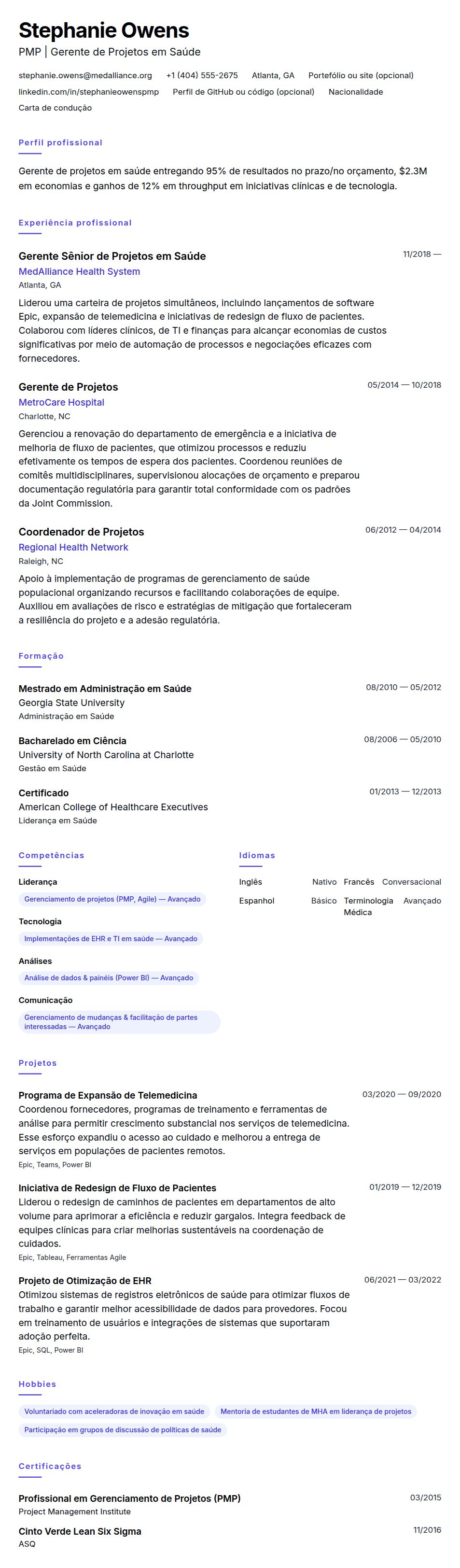 Pré-visualização do currículo Exemplo de Currículo para Gerente de Projetos em Saúde