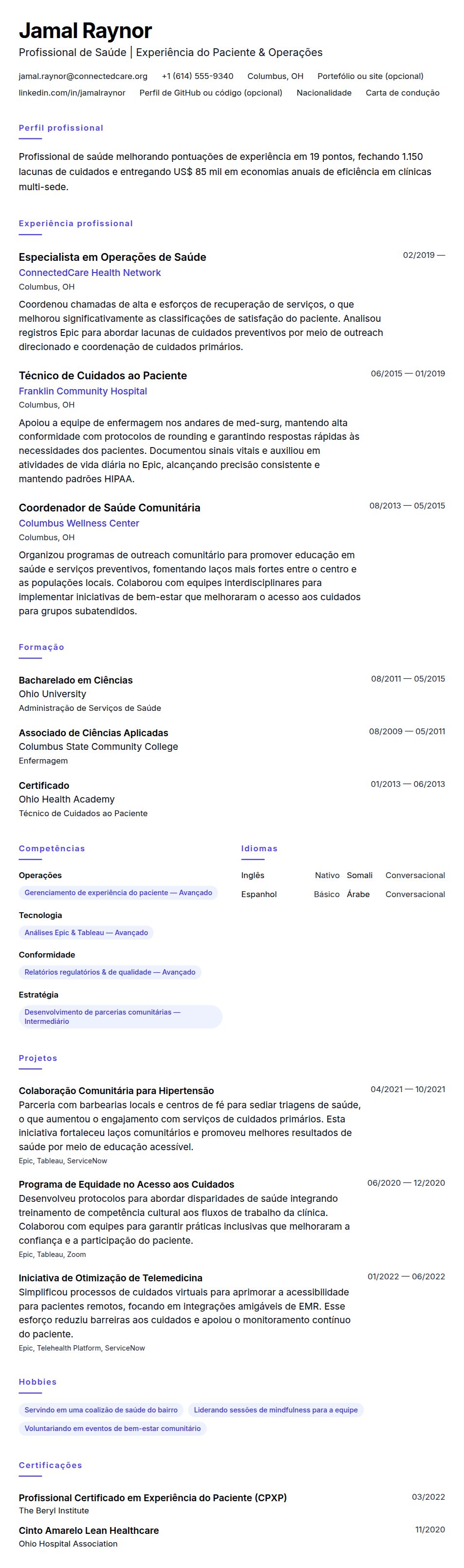 Pré-visualização do currículo Exemplo de Currículo para Profissional de Saúde