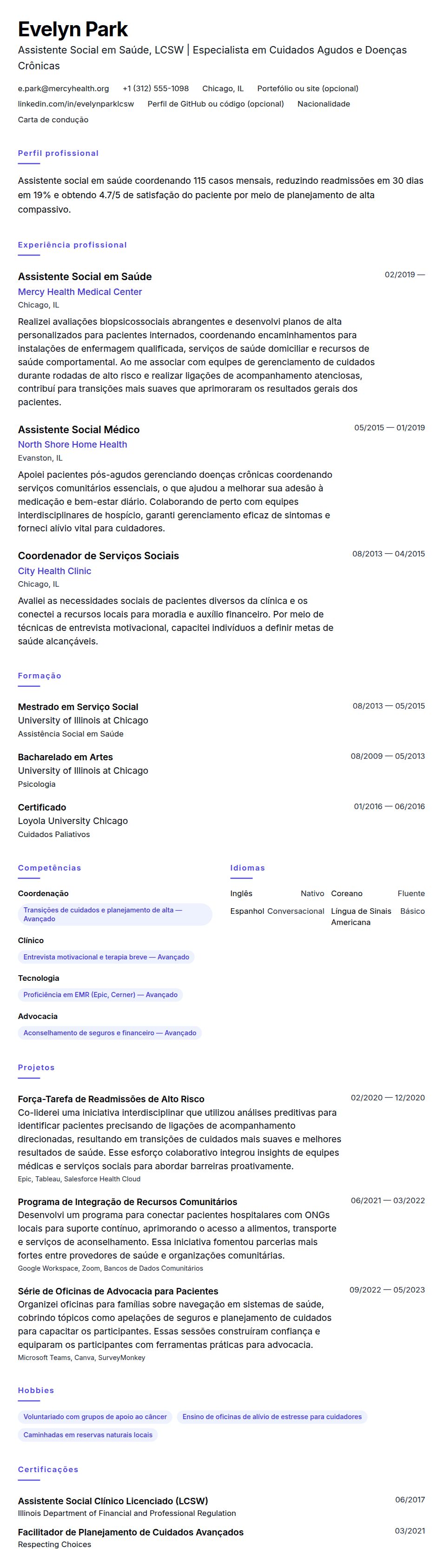 Pré-visualização do currículo Exemplo de Currículo para Assistente Social em Saúde