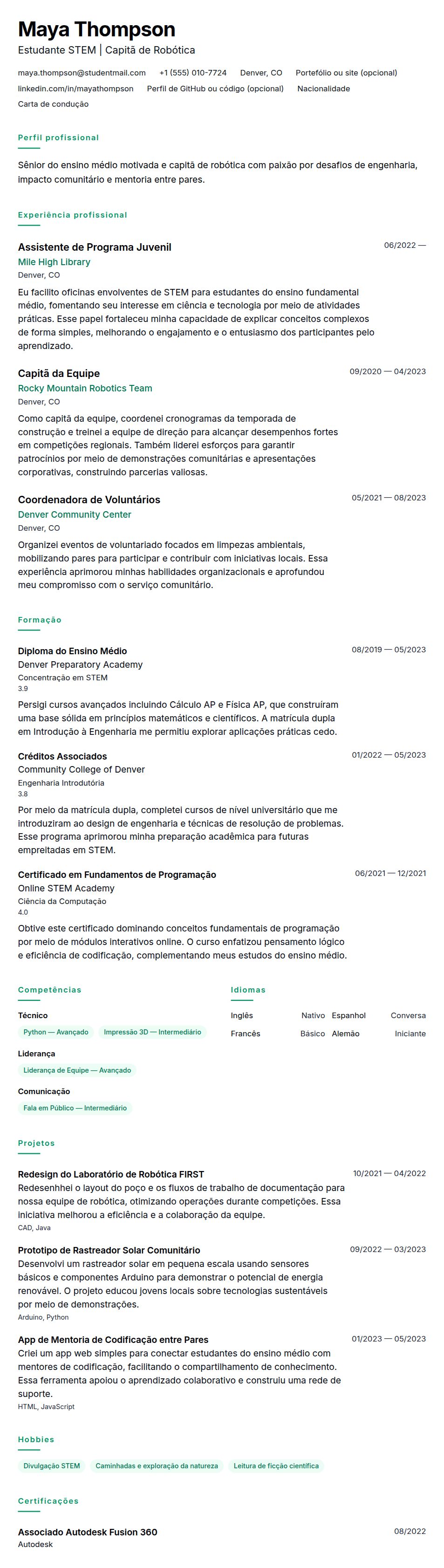 Exemplo de Currículo para Estudante do Ensino Médio