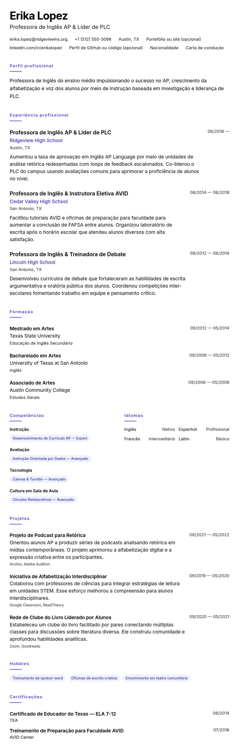 Pré-visualização do currículo Exemplo de Currículo para Professor de Ensino Médio