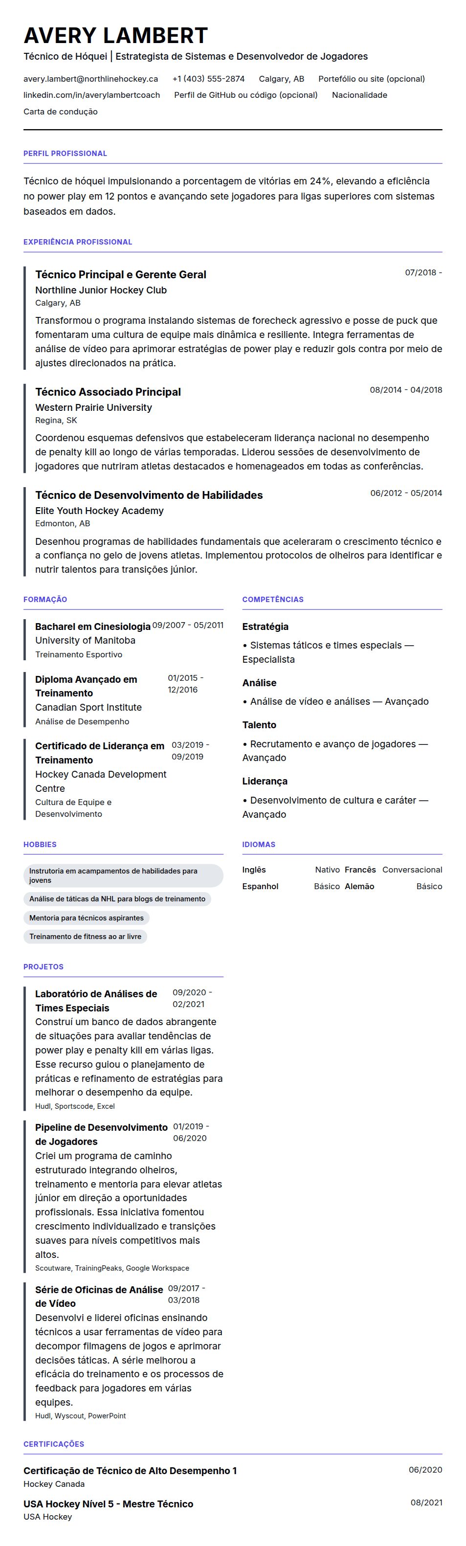 Pré-visualização do currículo Exemplo de Currículo de Técnico de Hóquei