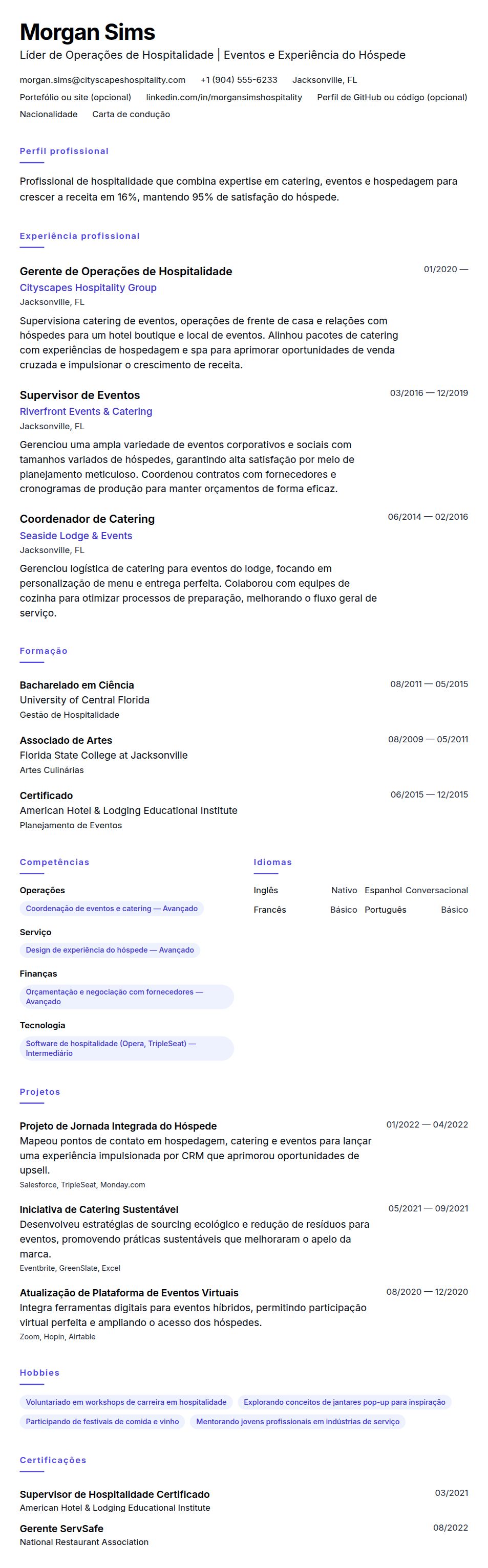 Exemplo de Currículo de Profissional de Hospitalidade e Catering