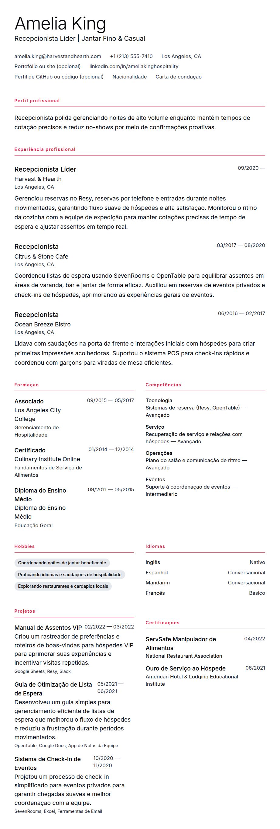 Pré-visualização do currículo Exemplo de Currículo de Recepcionista