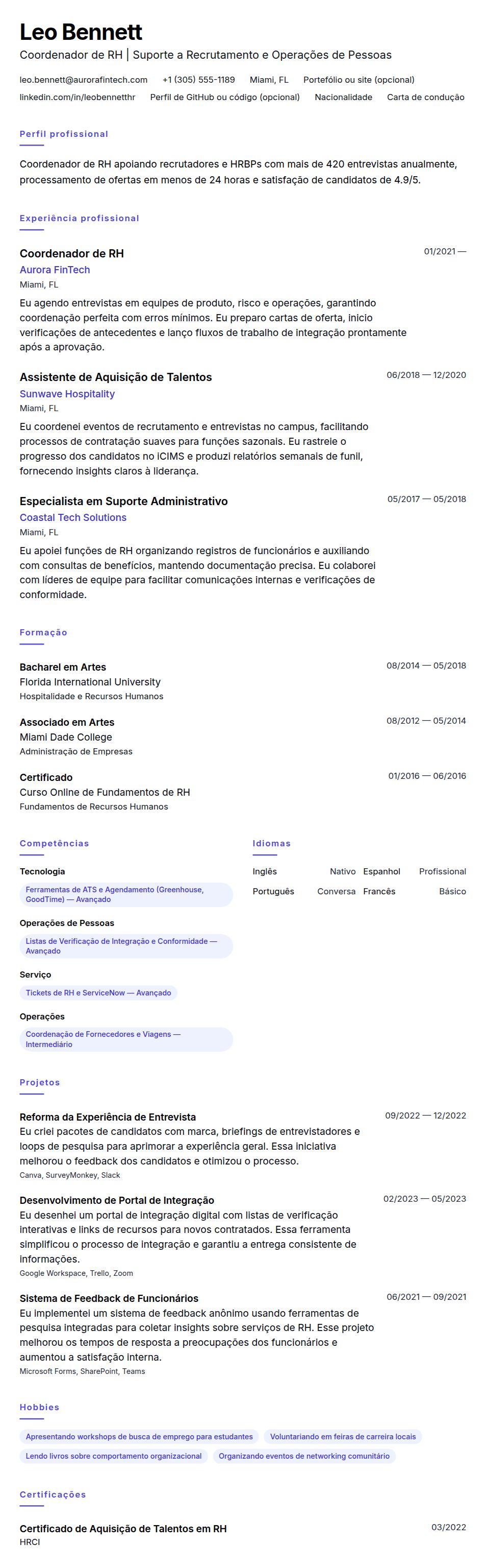 Exemplo de Currículo para Coordenador de RH