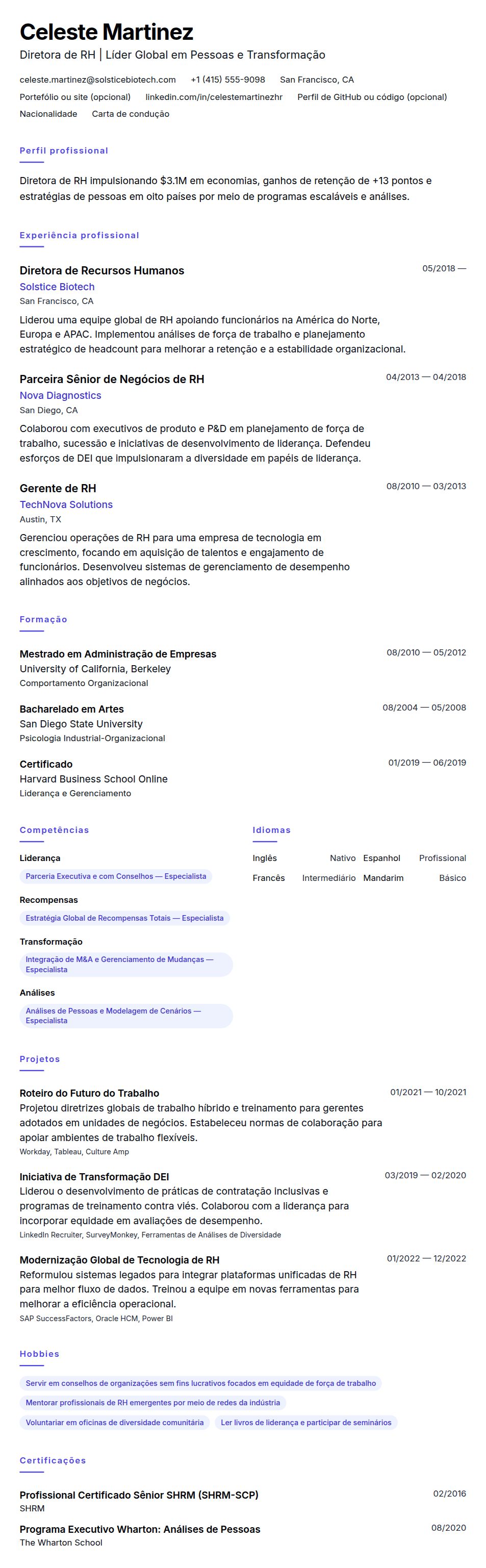 Exemplo de Currículo de Diretor de RH