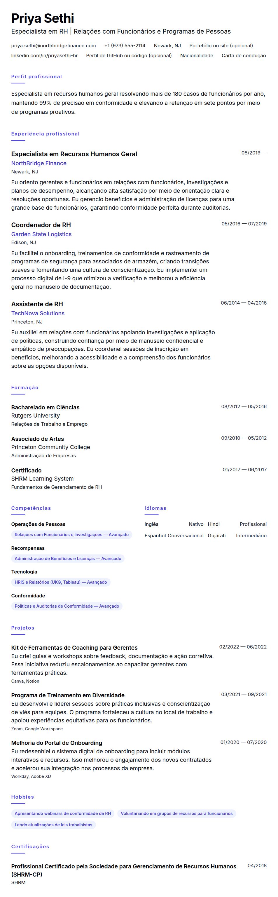Exemplo de Currículo para Especialista em Recursos Humanos Geral