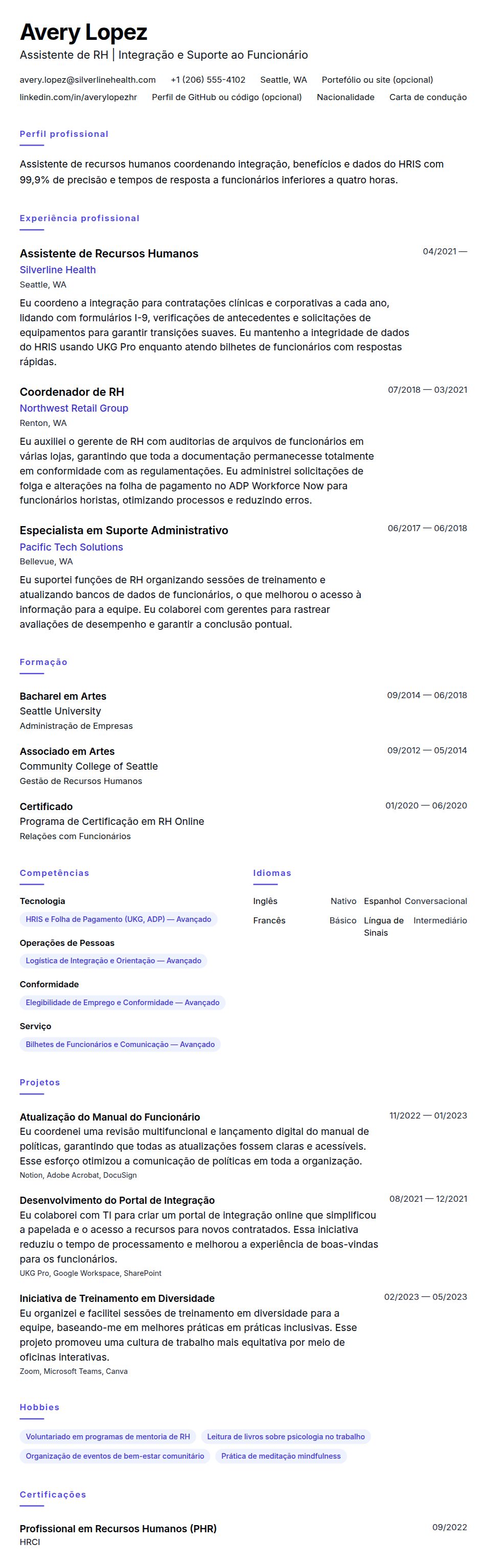 Pré-visualização do currículo Exemplo de Currículo para Assistente de Recursos Humanos