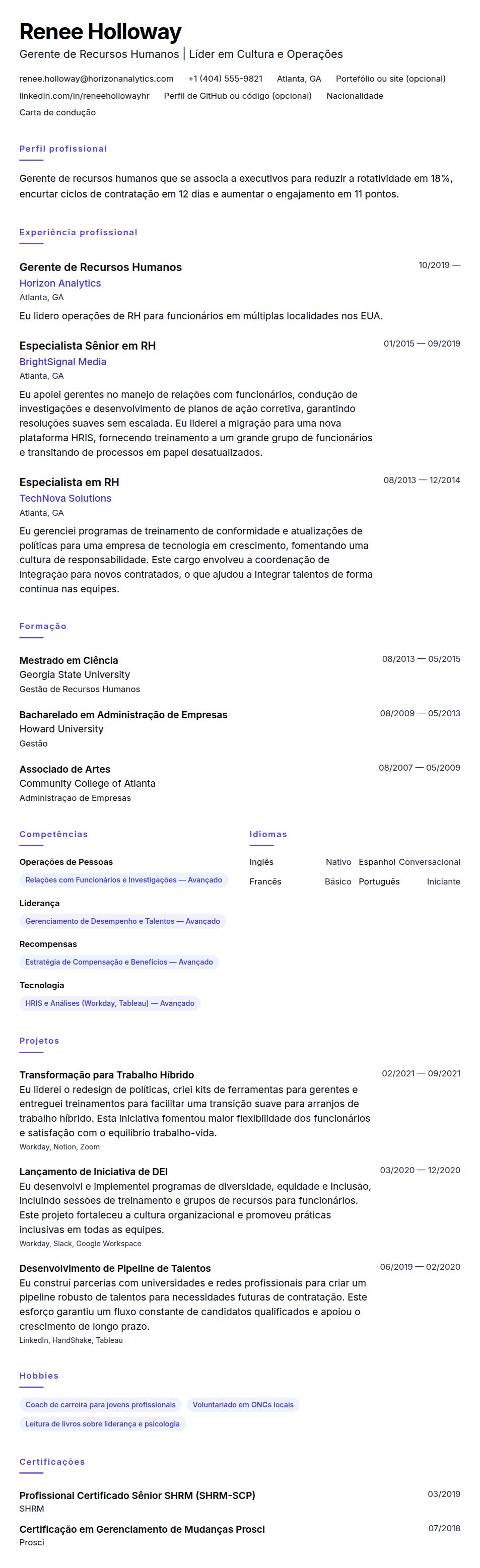 Exemplo de Currículo para Gerente de Recursos Humanos