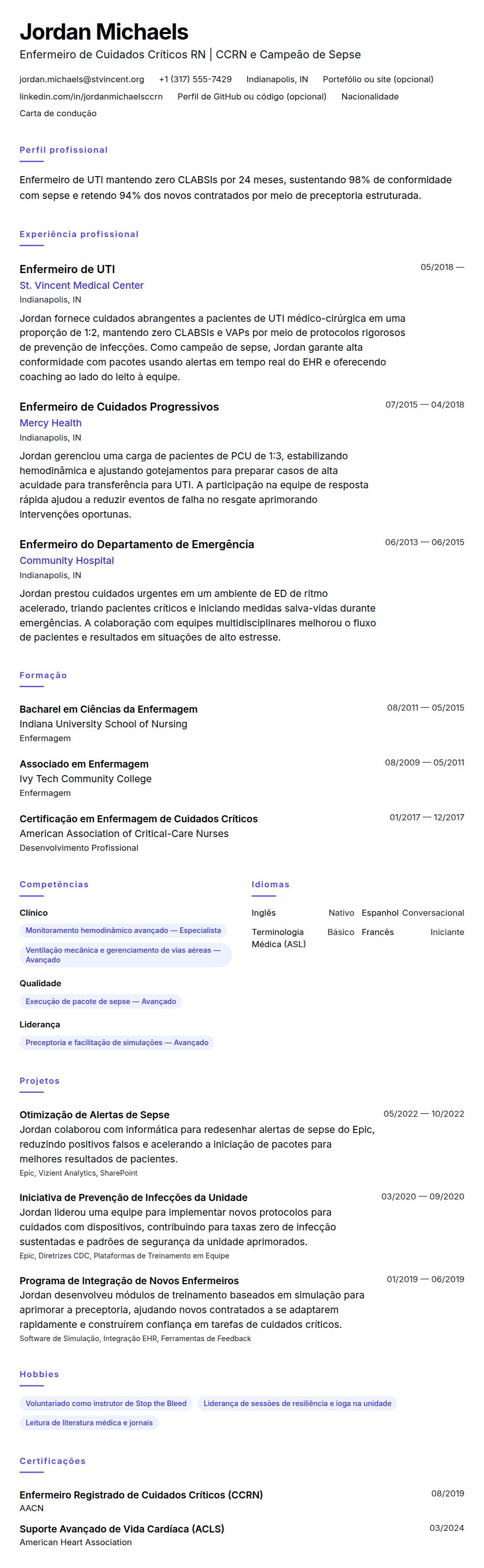 Pré-visualização do currículo Exemplo de Currículo para Enfermeiro de UTI
