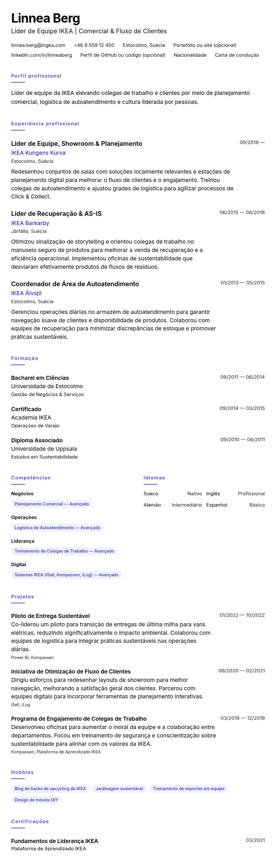Pré-visualização do currículo Exemplo de Currículo de Líder de Equipe IKEA
