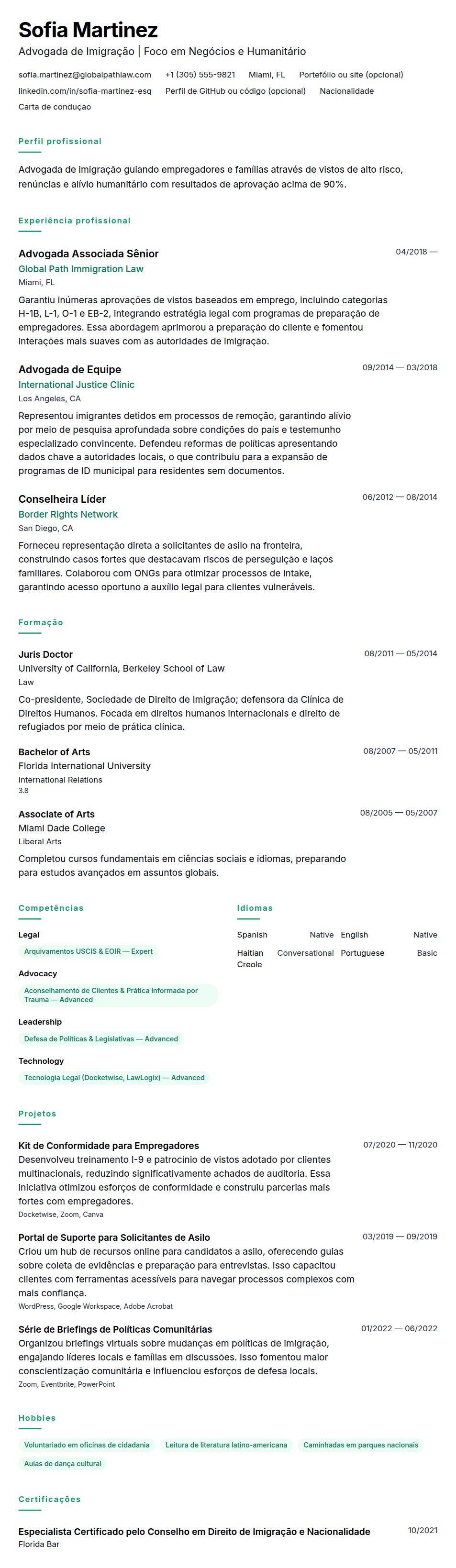 Exemplo de Currículo para Advogado de Imigração