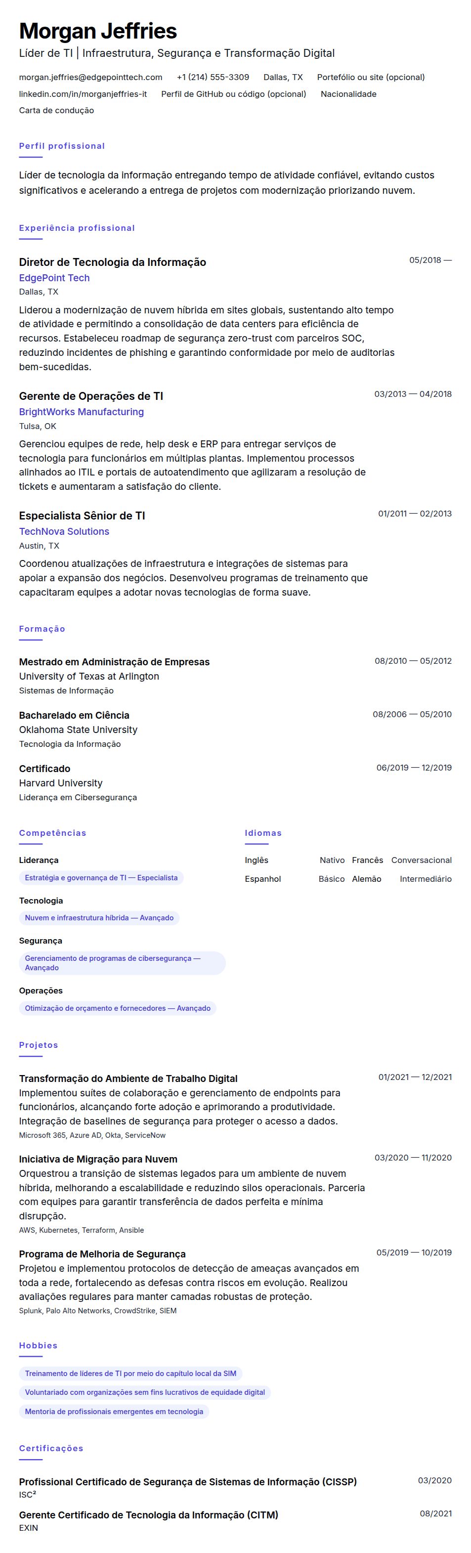 Pré-visualização do currículo Exemplo de Currículo de Profissional de Tecnologia da Informação