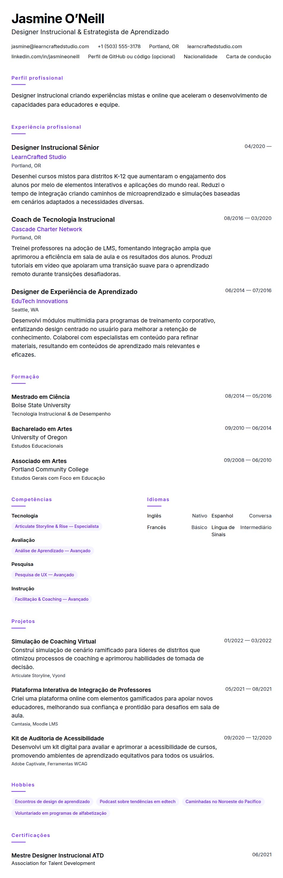 Exemplo de Currículo de Designer Instrucional