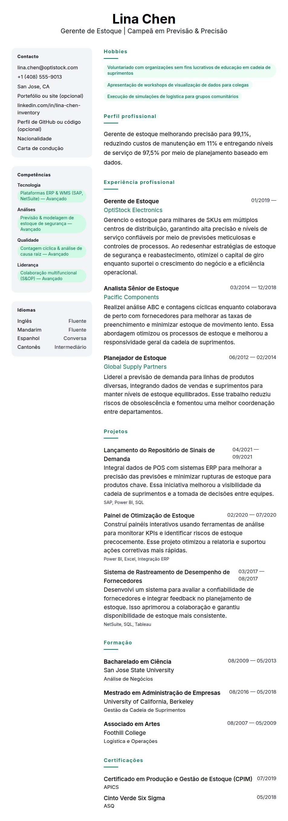 Exemplo de Currículo de Gerente de Estoque
