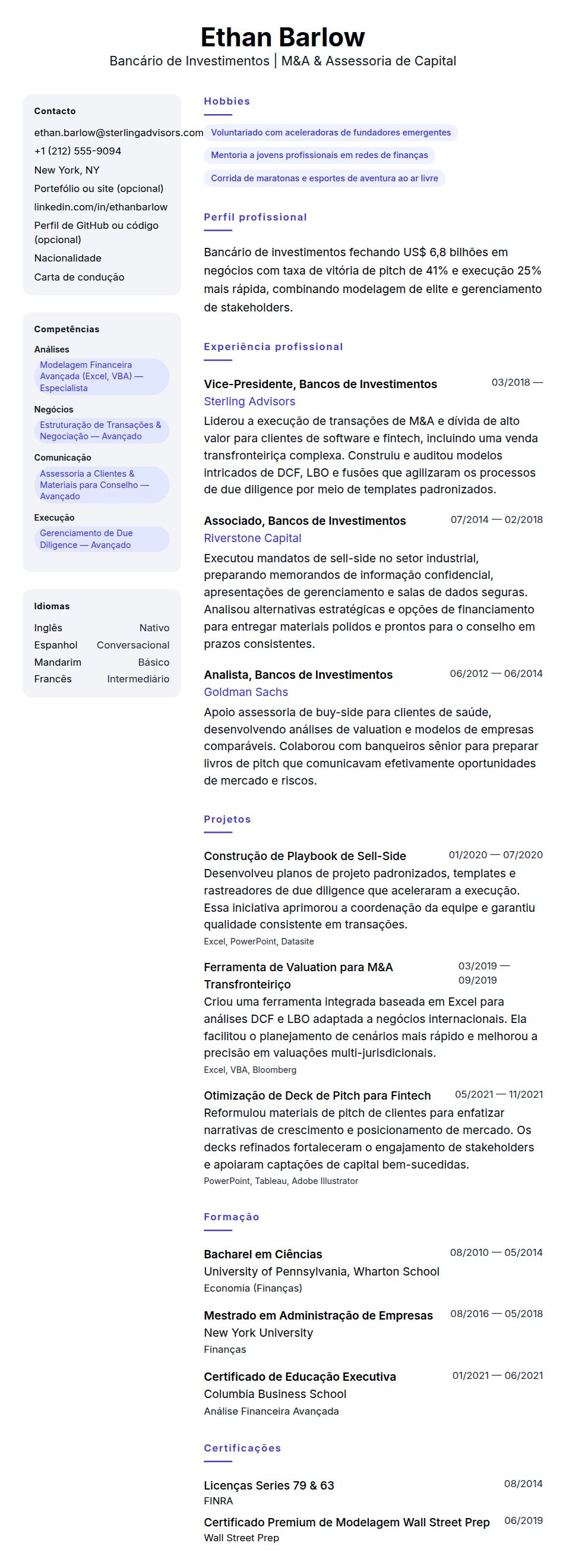 Pré-visualização do currículo Exemplo de Currículo de Bancário de Investimentos