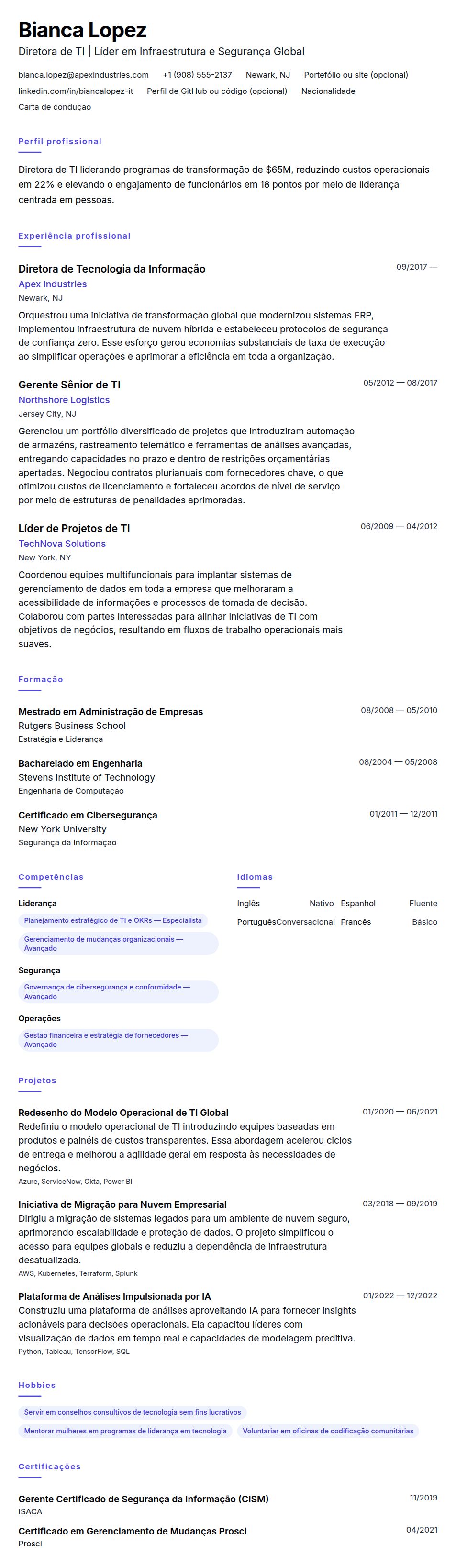 Pré-visualização do currículo Exemplo de Currículo para Diretor de TI