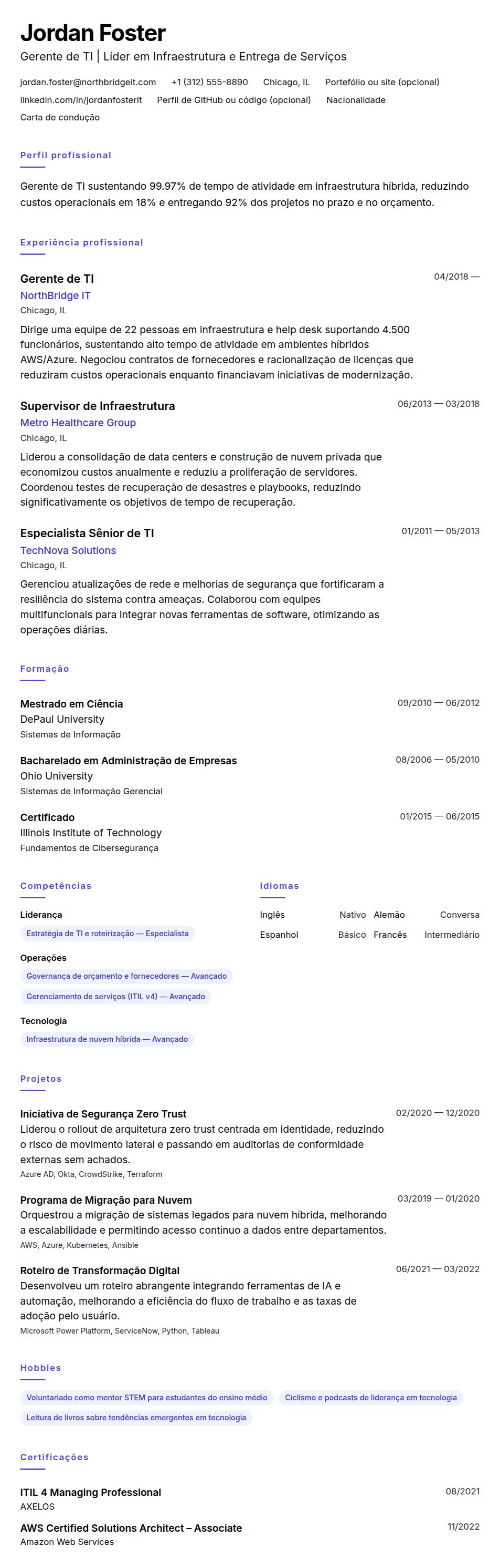 Pré-visualização do currículo Exemplo de Currículo de Gerente de TI