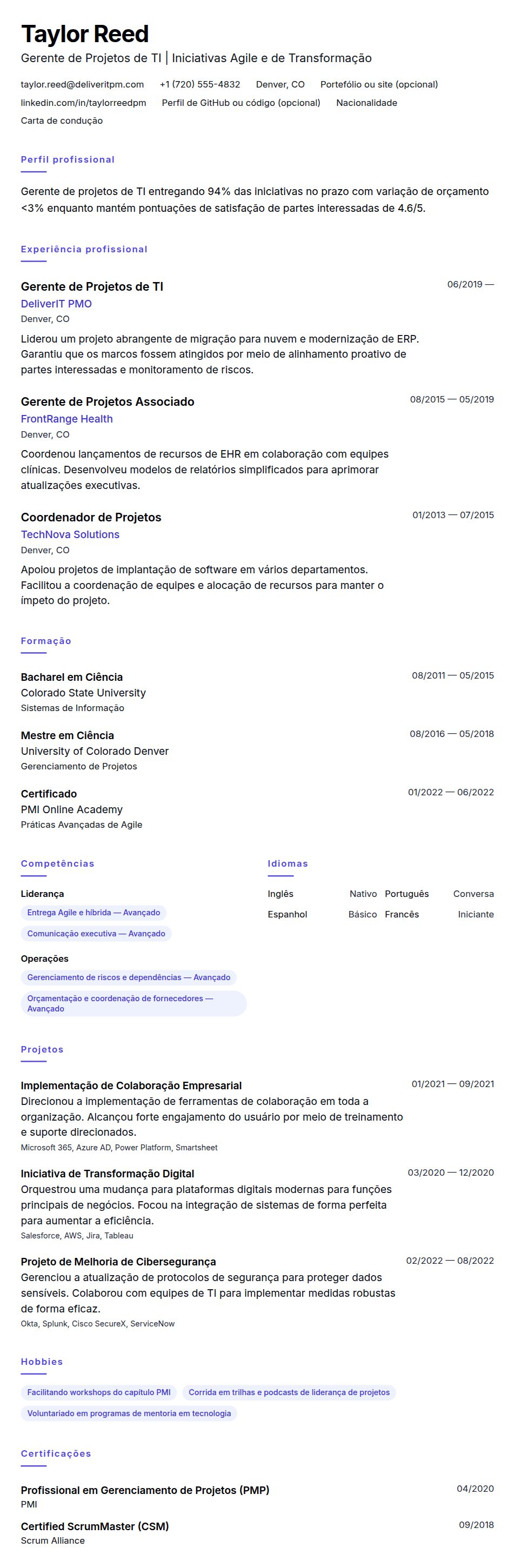 Pré-visualização do currículo Exemplo de Currículo de Gerente de Projetos de TI