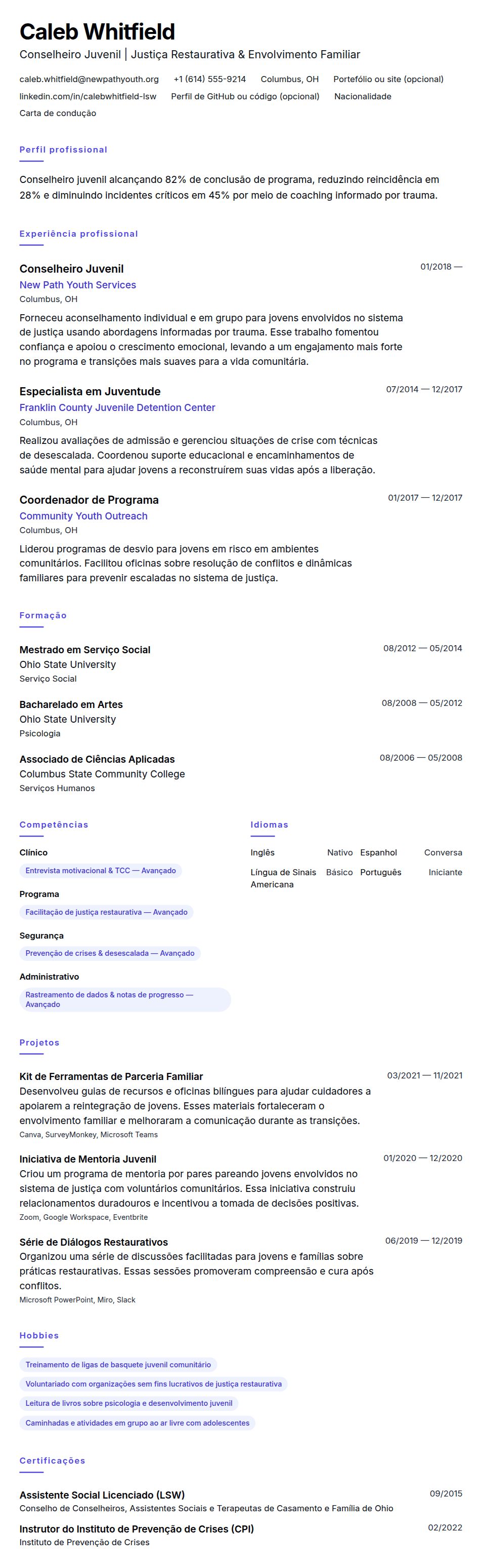 Pré-visualização do currículo Exemplo de Currículo de Conselheiro Juvenil