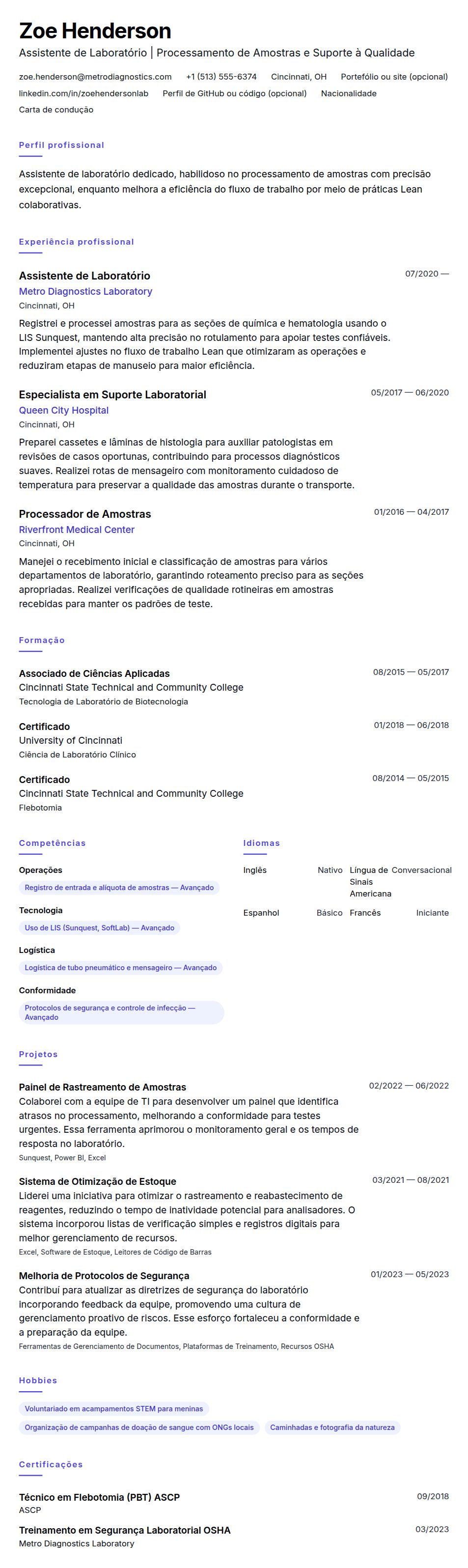 Pré-visualização do currículo Exemplo de Currículo para Assistente de Laboratório