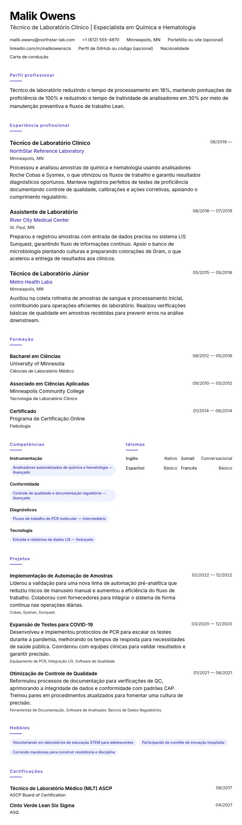 Pré-visualização do currículo Exemplo de Currículo de Técnico de Laboratório
