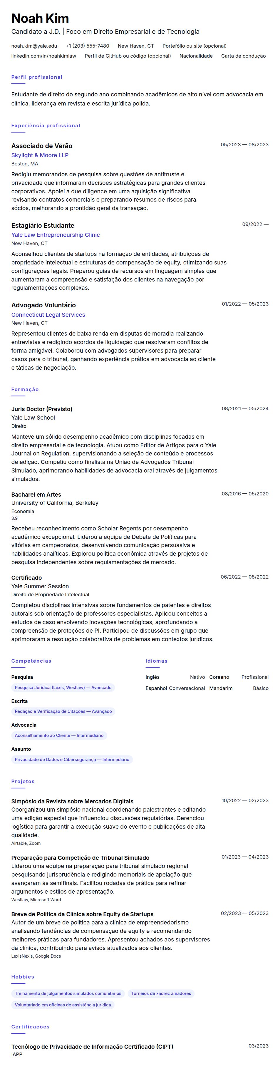 Pré-visualização do currículo Exemplo de Currículo para Estudante de Direito