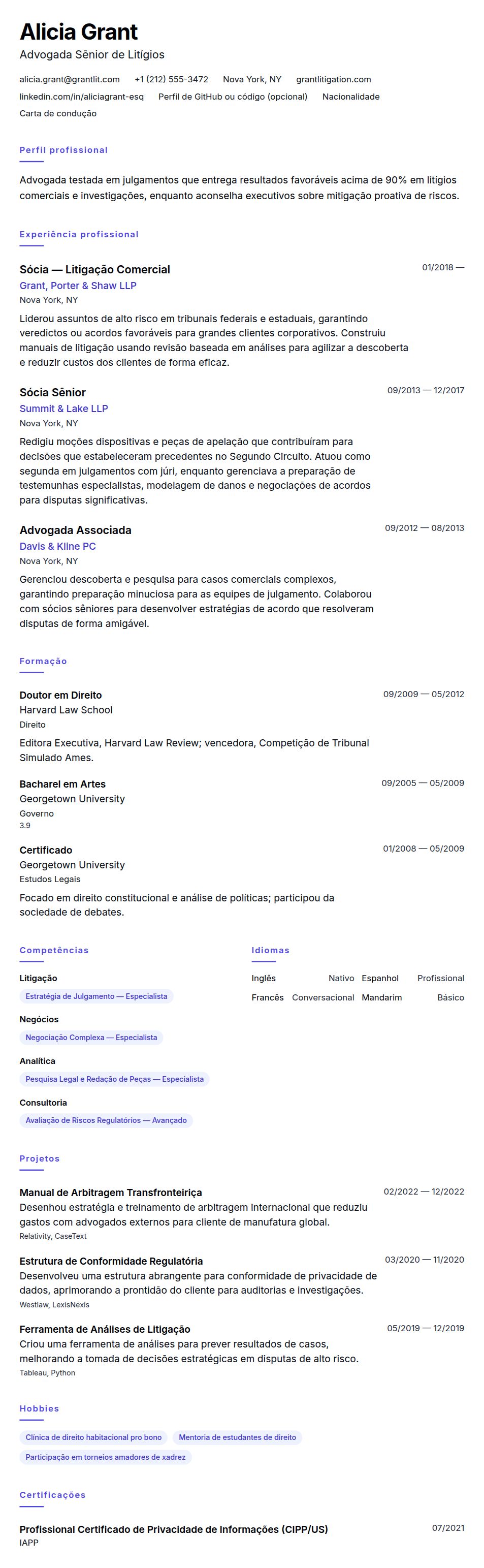Exemplo de Currículo de Advogado