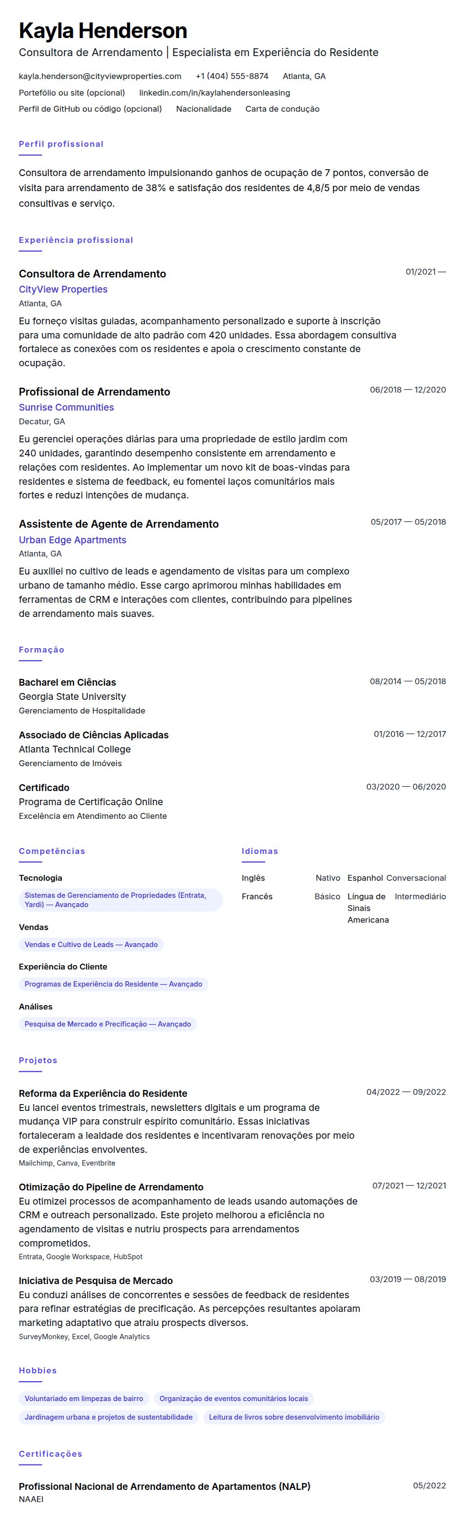 Pré-visualização do currículo Exemplo de Currículo de Consultor de Arrendamento