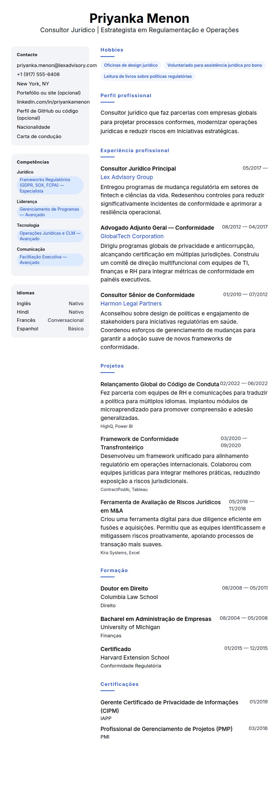 Pré-visualização do currículo Exemplo de Currículo para Consultor Jurídico