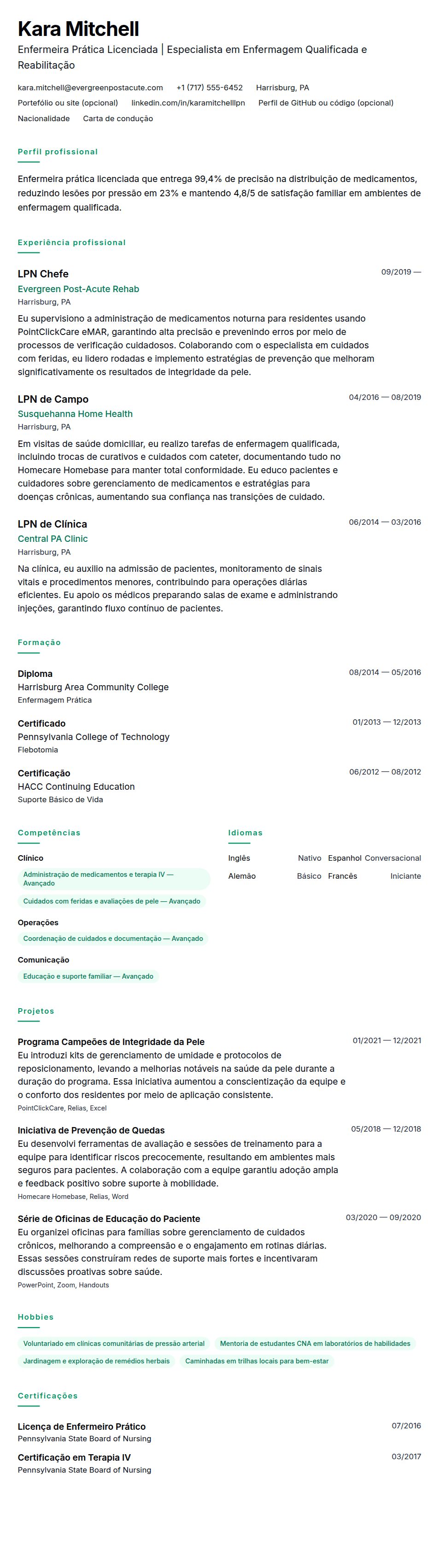 Pré-visualização do currículo Exemplo de Currículo de Enfermeiro Prático Licenciado (LPN)