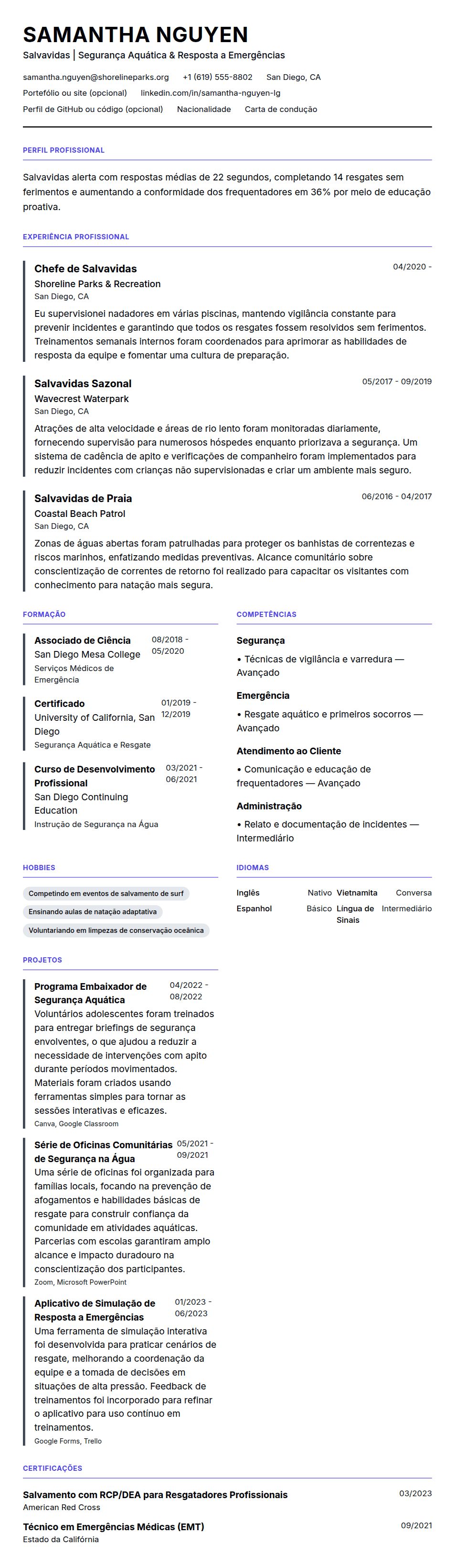 Pré-visualização do currículo Exemplo de Currículo de Salvavidas