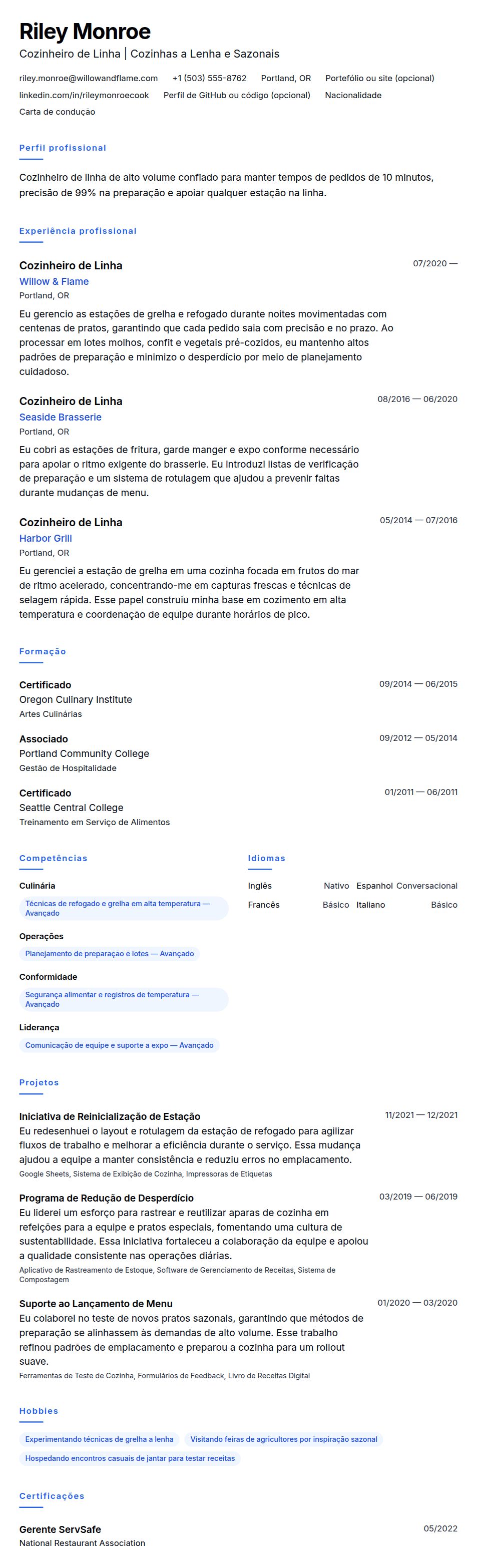 Pré-visualização do currículo Exemplo de Currículo de Cozinheiro de Linha