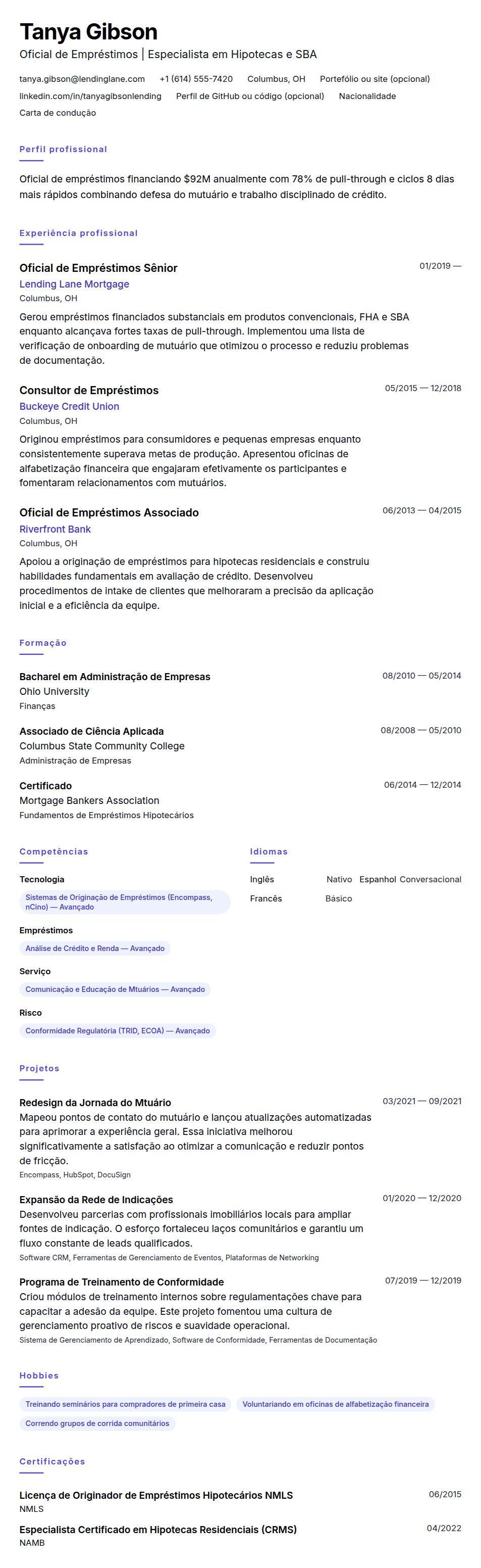 Pré-visualização do currículo Exemplo de Currículo para Oficial de Empréstimos