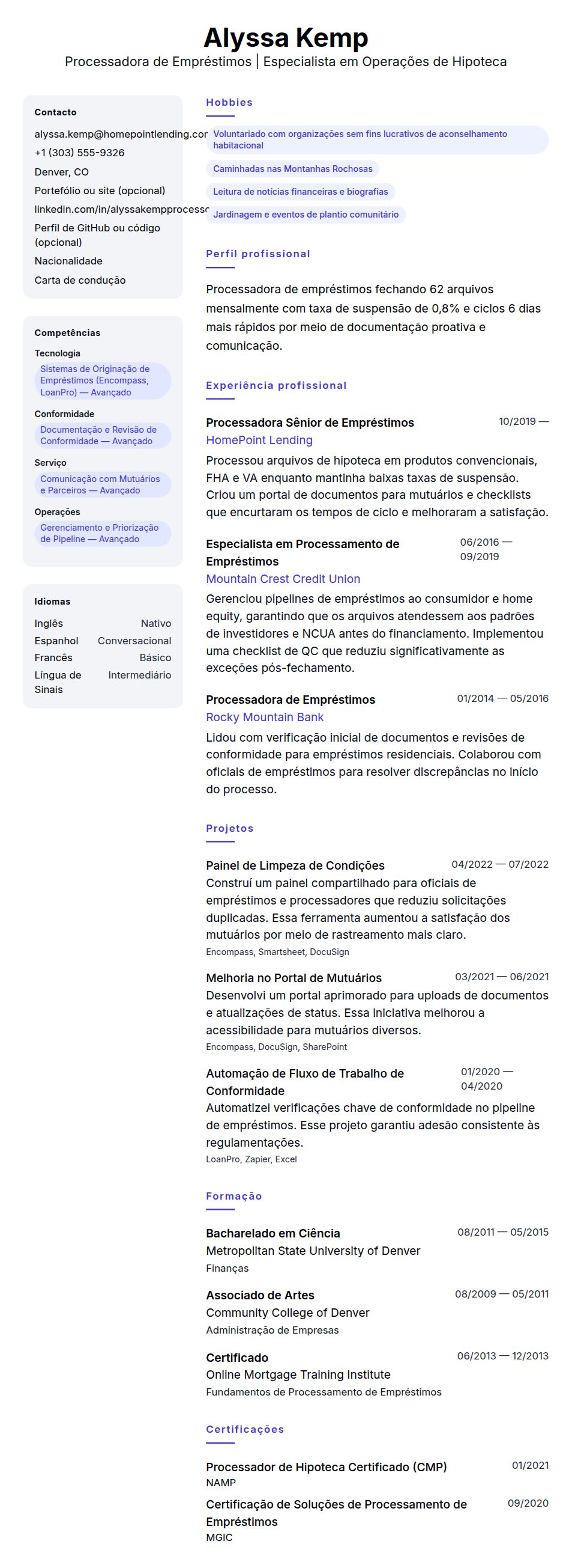 Exemplo de Currículo para Processador de Empréstimos