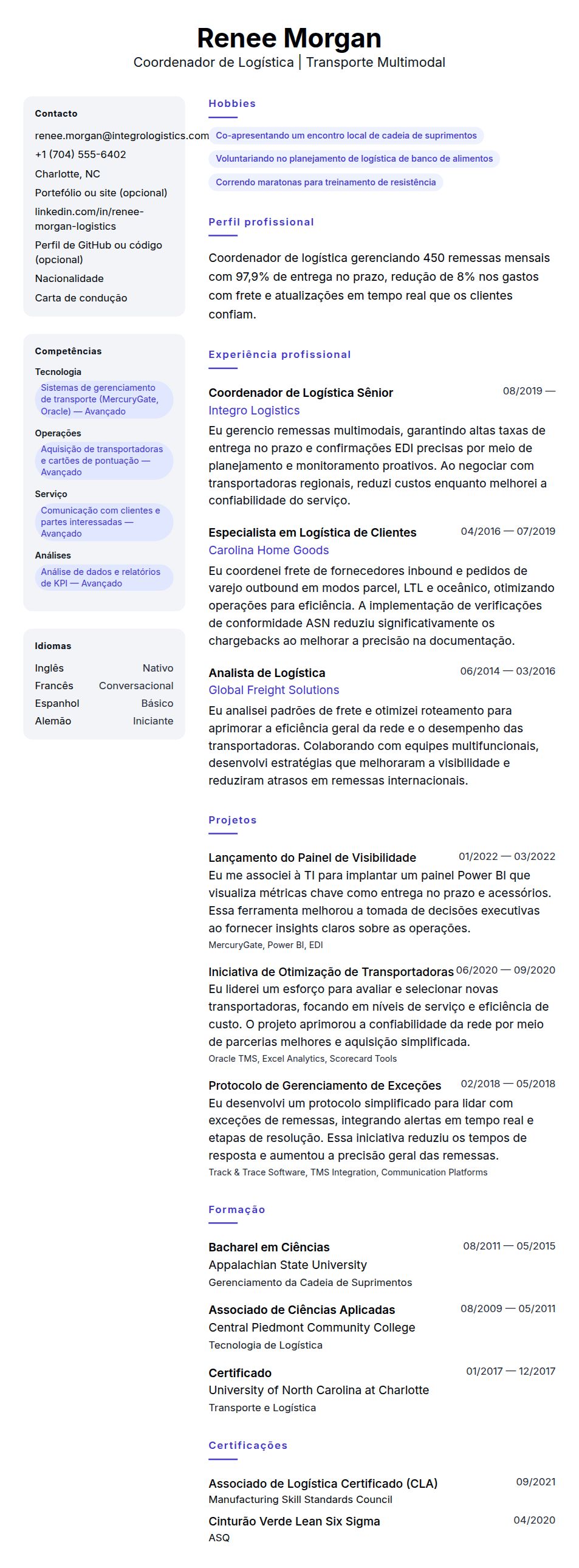 Pré-visualização do currículo Exemplo de Currículo de Coordenador de Logística