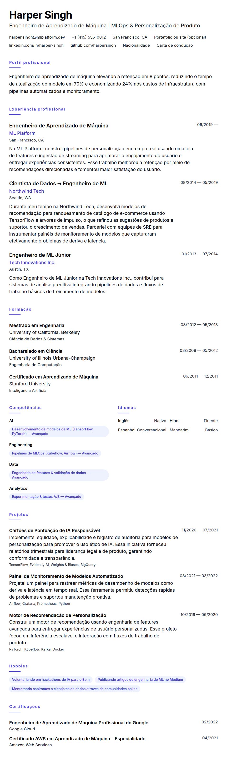 Pré-visualização do currículo Exemplo de Currículo de Engenheiro de Aprendizado de Máquina