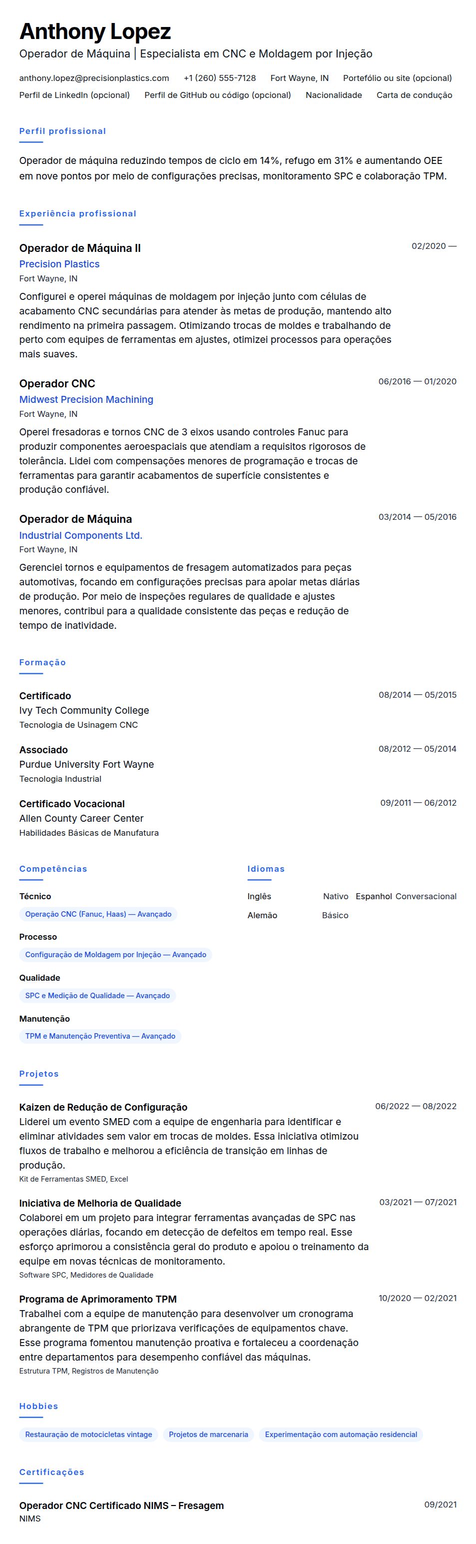 Exemplo de Currículo de Operador de Máquina