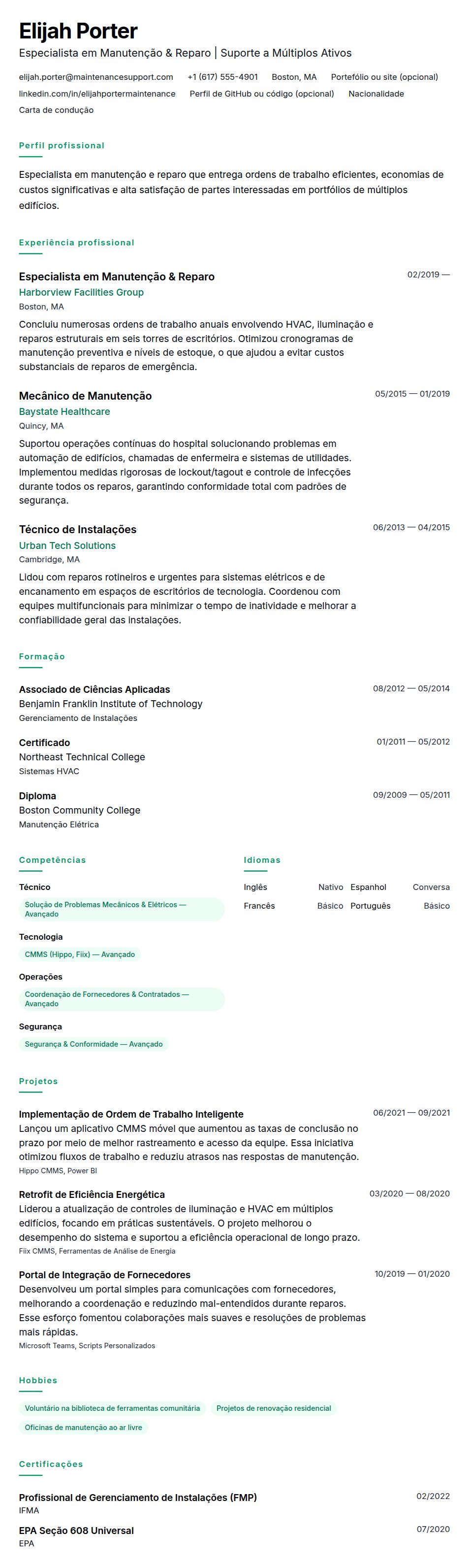 Pré-visualização do currículo Exemplo de Currículo de Manutenção & Reparo