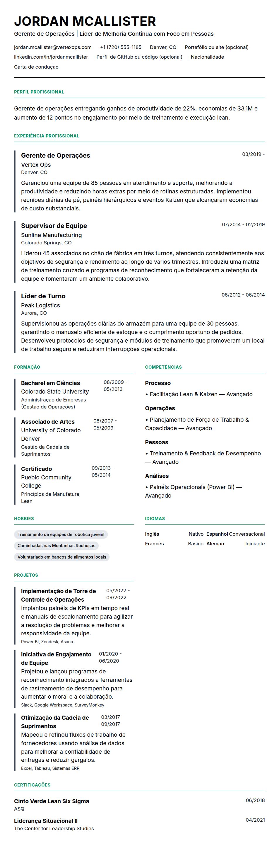 Pré-visualização do currículo Exemplo de Currículo de Gerente de Operações